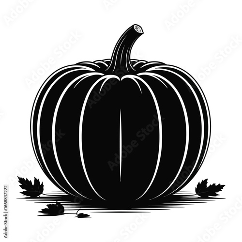 Autumn Harvest Pumpkin Silhouette Illustration with Leaves for Fall Decoration