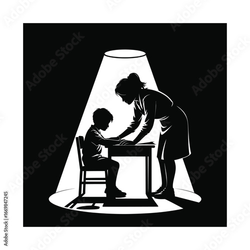 Teacher Helping Student Silhouette Illustration in Spotlight for Academic Success