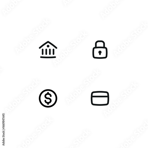Banking linear icon set. Includes vector outline style icons of building, lock, credit card, coin. Editable stroke.