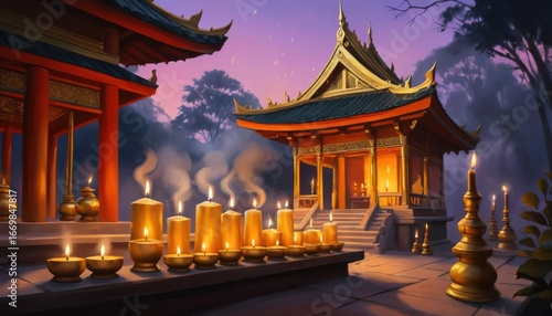 A digital painting capturing the golden glow of candles and the gentle smoke of incense rising from offerings at a spirit house during a twilight ceremony.