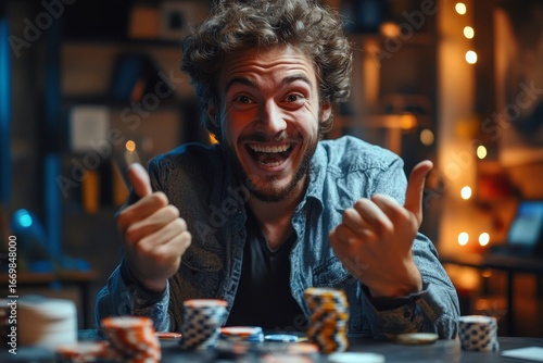 young businessman working at the office desk, playing online games on the phone, participating in lotteries, and placing bets, celebrating victory with a hand gesture, enthusiasm, Generative AI