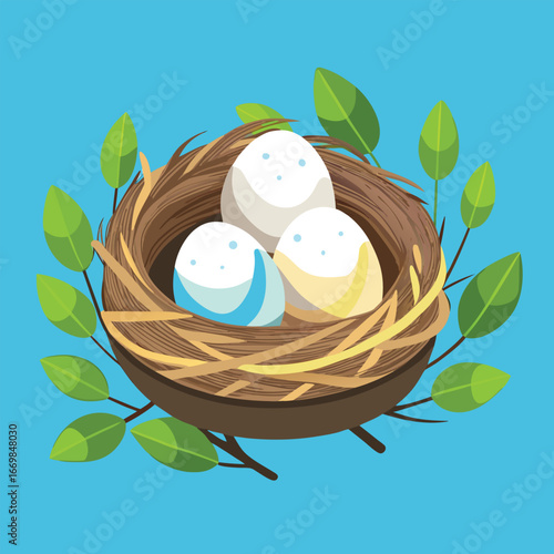 Bird nest with three colorful eggs and green leaves on blue background
