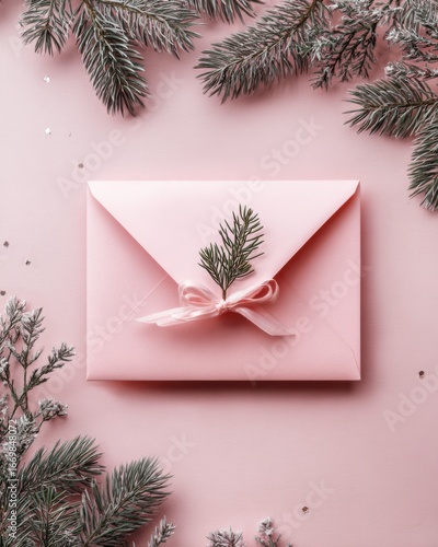 Beautiful Pink Envelope Decorated with Green Pine Branch on Soft Pink Background for Holiday Cards or Invitations