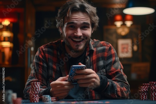 young businessman working at the office desk, playing online games on the phone, participating in lotteries, and placing bets, celebrating victory with a hand gesture, enthusiasm, Generative AI