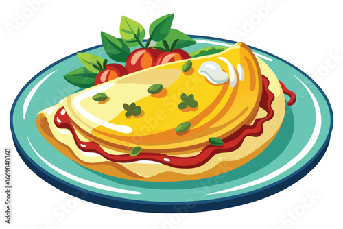 Delicious Omelette with Tomatoes and Greenery A Cartoon Culinary Delight Ready to Serve