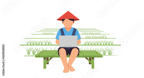 A farmer in a traditional conical hat blends agriculture with the digital age, working on a laptop from a bamboo bench overlooking terraced rice paddies.