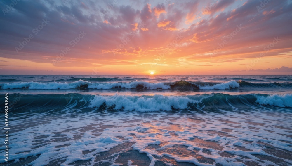 Obraz premium Ocean Waves at Sunset with Warm Light Reflections 