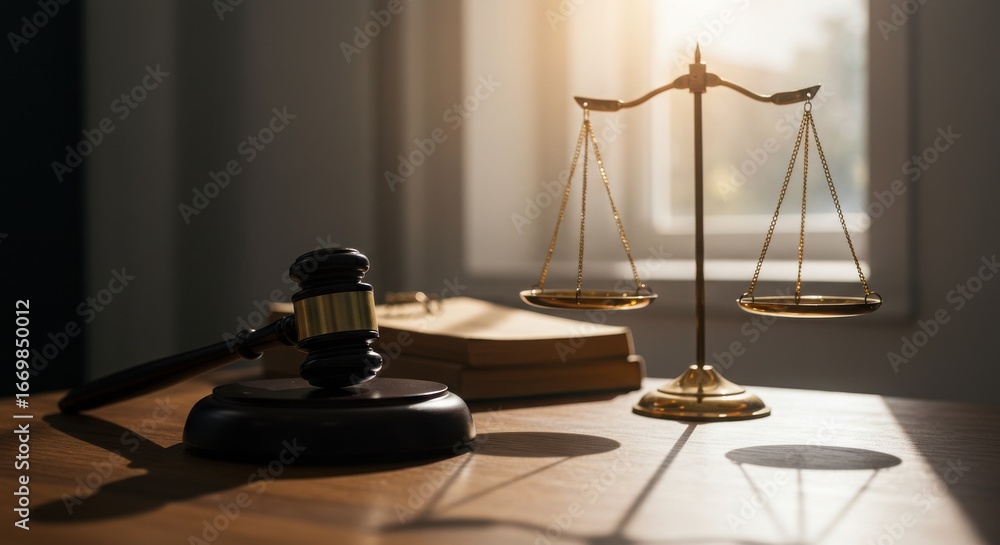 Justice and law symbols on a wooden desk Justice and law symbols on a wooden desk