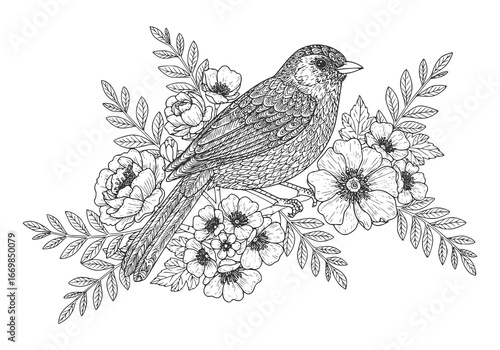 A cute small house sparrow with brown feathers and a tiny beak is sitting on a tree branch, a vector illustration of a wild finch