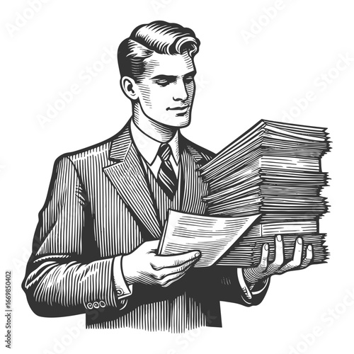 businessman in a suit carrying heavy stack of documents, symbolizing workload and responsibility sketch engraving generative ai fictional character vector illustration. Scratch board. Black and white.