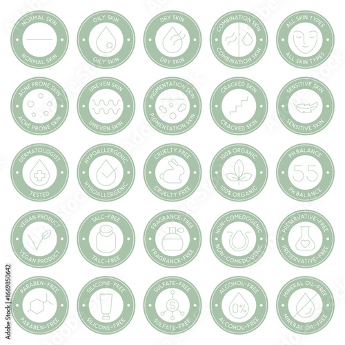 Circular Badge Cosmetic Icons for Skin Types Concerns and Safety Claims