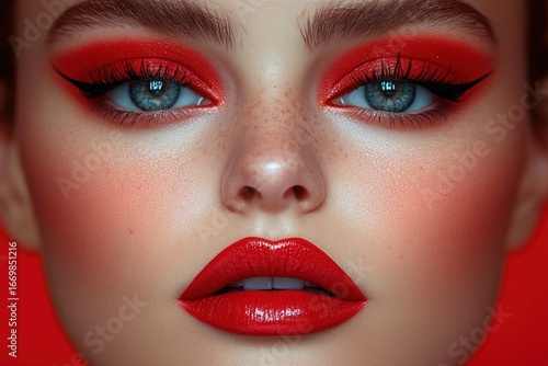 Bold red makeup design showcasing striking eye makeup and vibrant lips