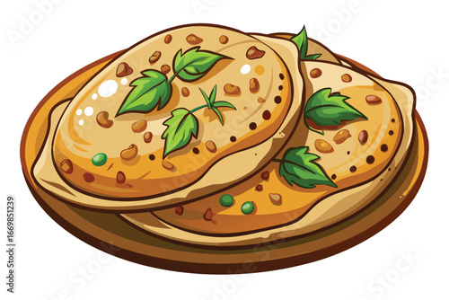Delicious Stack of Indian Paratha Flatbreads Garnished with Herbs on a Wooden Plate Vector Illustration