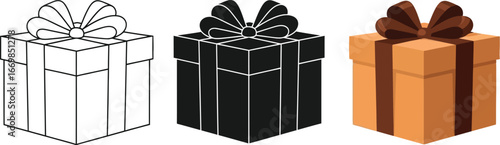 Three gift boxes in line art silhouette and color for holiday celebration designs