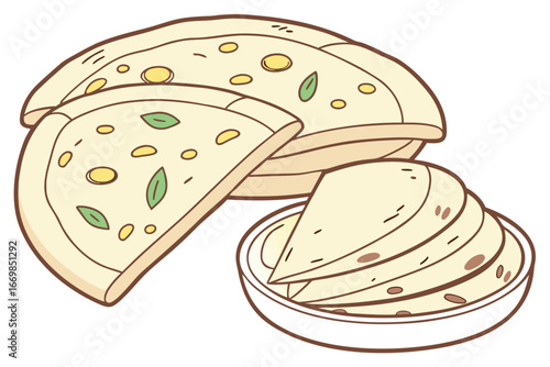 Delicious Stack of Indian Paratha Flatbreads Garnished with Herbs on a Wooden Plate Vector Illustration