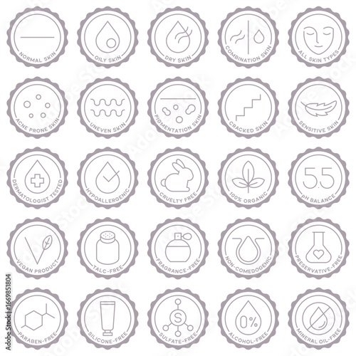Vector Wavy Seal Badge Cosmetic Icons for Skin Types Concerns and Safety Claims in Minimal Outline Design