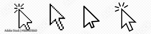 Computer mouse cursor icons. Cursors containing pointer, arrow and hand symbol with pixelated form. Transparent vector illustration.