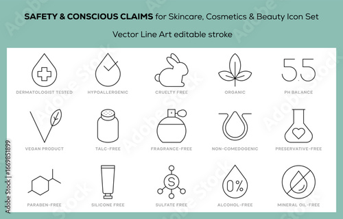 Safety and Conscious Claims Vector Icon Set for Skincare Cosmetics and Beauty Products