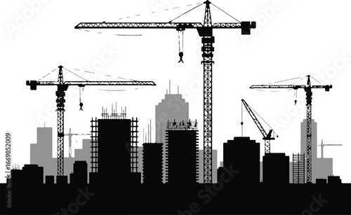 construction site vector of highrise buildings with cranes steel reinforcement bars cityscape design illustration