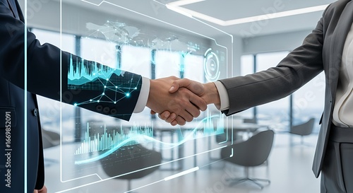 Strategic Business Handshake Over Futuristic Digital Data Interface Illustrating Global Partnership and Technological Integration.