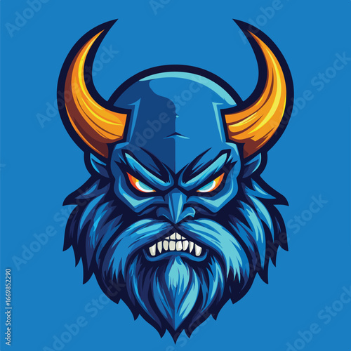 Blue Horned Beast Head Illustration | Menacing Fantasy Creature Vector Art