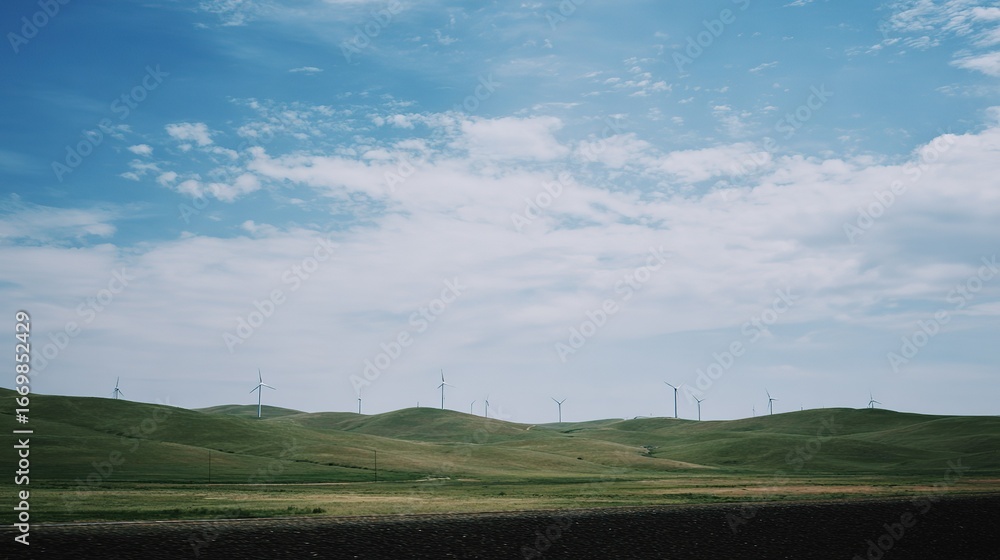 Fototapeta premium Wind Turbines on Grassland Under Blue Sky and White Clouds