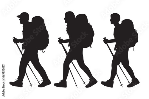 minimalist monochrome hiking silhouette showing three trekkers with backpacks and poles exploring nature vector design