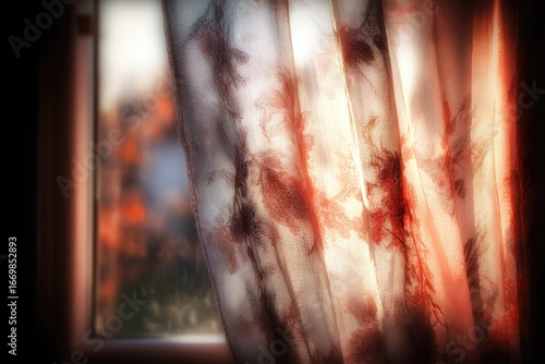 Soft pink curtains, sunlight through a window