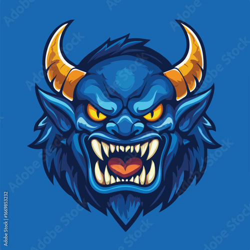 Blue Horned Beast Head Illustration | Menacing Fantasy Creature Vector Art