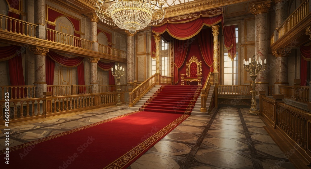 Obraz premium Grand throne room with red carpet and ornate chandeliers