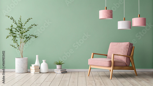Minimalist interior space with a focus on a large, light Red accent wall. The room features a light wooden floor and a white ceiling with recessed high lighting.