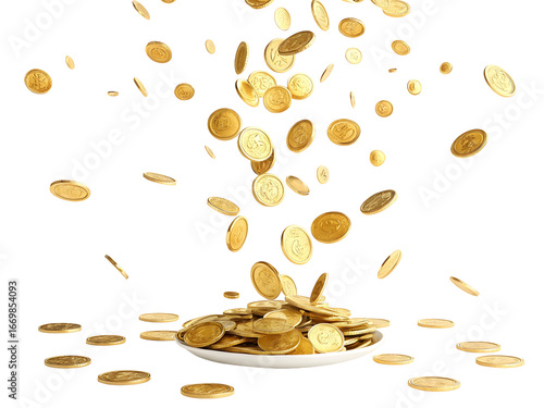 Gold Coins Raining Down onto a White Plate Against a Black Background A Shower of Shiny Golden Coins Falling in Mid Air St Patricks Day Thematic Image