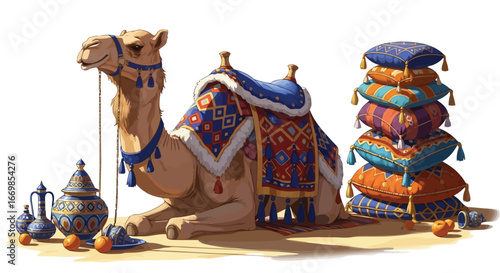 A camel with a decorative saddle and pillows