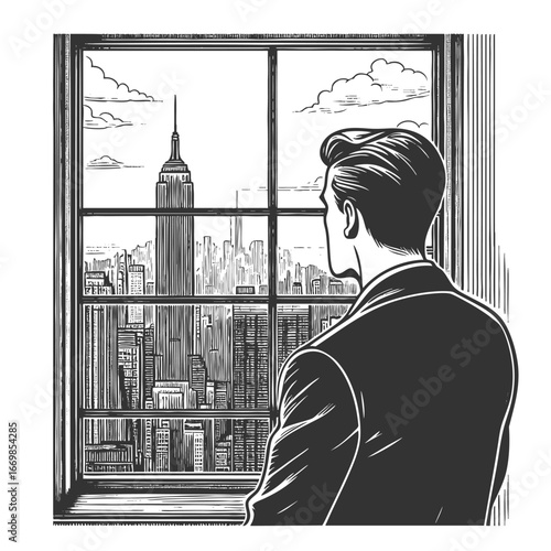 businessman gazing out a window at a city skyline sketch engraving generative ai fictional character vector illustration. Scratch board imitation. Black and white image.
