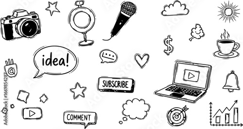 Content creator doodles collection on a white background. Set of content creator elements with doodle style
