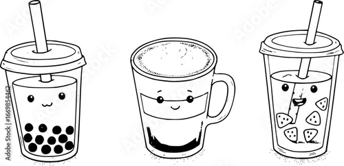Set of milk tea and drinks doodle illustration with black and white color
