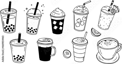 Set of milk tea and drinks doodle illustration with black and white color
