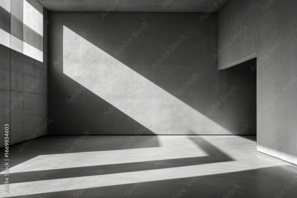 Fototapeta premium Light gray wall with diagonal window shadows and smooth floor.