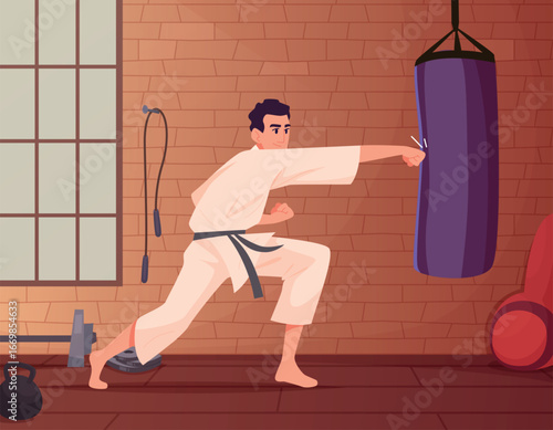 Karate fighter. male characters in kimono punch fist