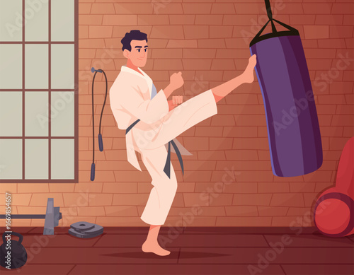 Leg punch. karate fighter in training room. vector cartoon background