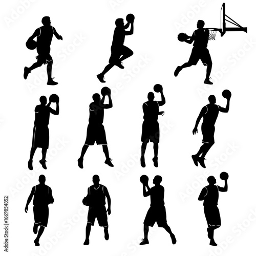 collection of Basket man silhouettes in different posses clipart vector illustrator