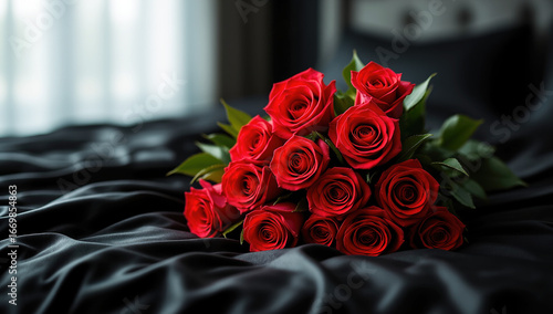 Red roses on black silk in sensual lifestyle scene in deep red and black palette representing romance, luxury gifting and intimate bedroom mood, minimalist aesthetic,valentine's day