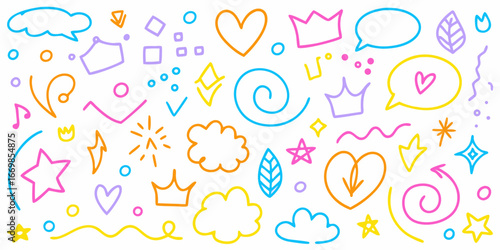 Colorful Doodle Elements Collection with Hearts Stars and Crowns doodles drawings