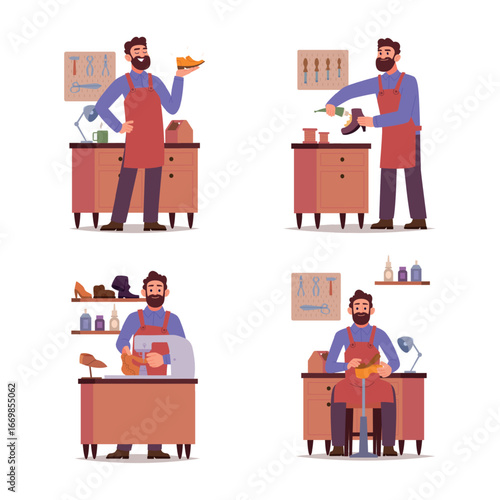 Shoemaker. Workshop scenes with master repair shoes exact vector cartoon templates