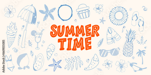 Summer Time Hand Drawn Icons And Text On A Light Yellow Background vacation beach
