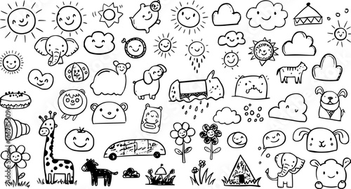 Preschool doodle collection on a white background. Set of preschool doodle elements
