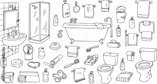 Set of bathroom elements vector with doodle style on a white background
