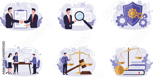 Legal and law concept, business professionals discussing contracts, legal consultation, justice scales, gavel and law books, legal advice, courtroom illustration