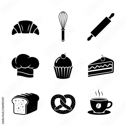 Set of black bakery doodle illustration on white background. Hand-drawn bakery elements vector collection.	