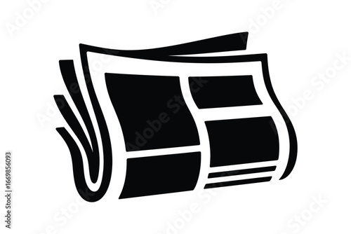 Stylized black and white icon of a folded newspaper with articles and headlines